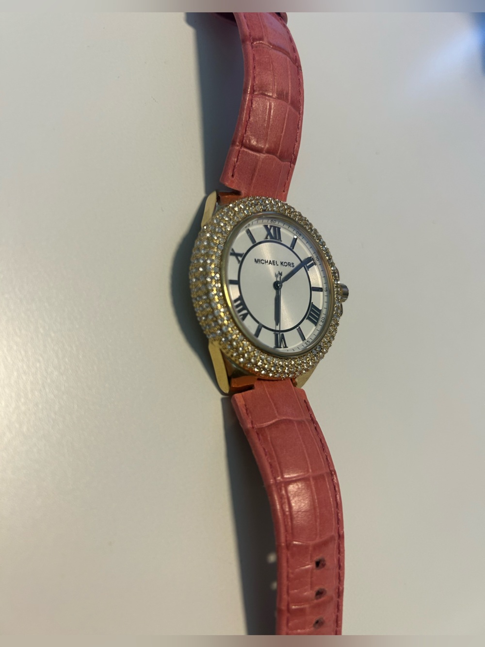 Michael Kors Gold-Tone Crystal Bezel Watch with Pink Leather Strap